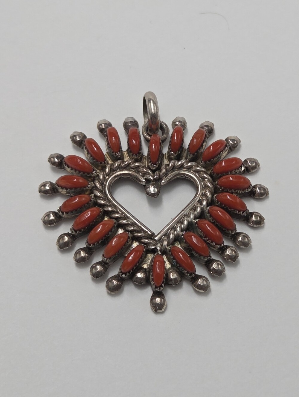 Vintage Zuni Sterling Silver Petit Point Red Coral Heart Pendant Signed "DF"